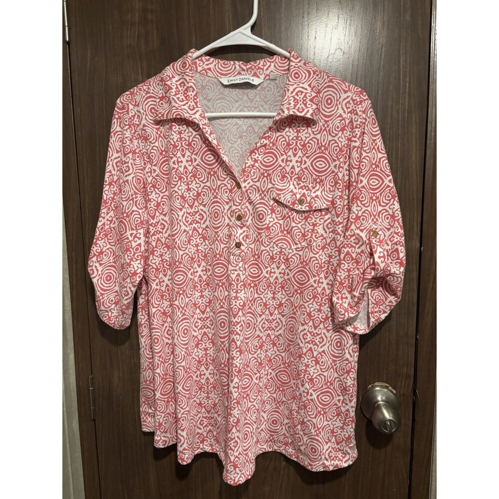 Emily Daniels Knit Shirt Collared Roll Tab 3/4 Slv White Pink Paisley Womens XL